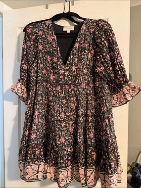 Cleobella Black Mini Dress with Pink Floral Print